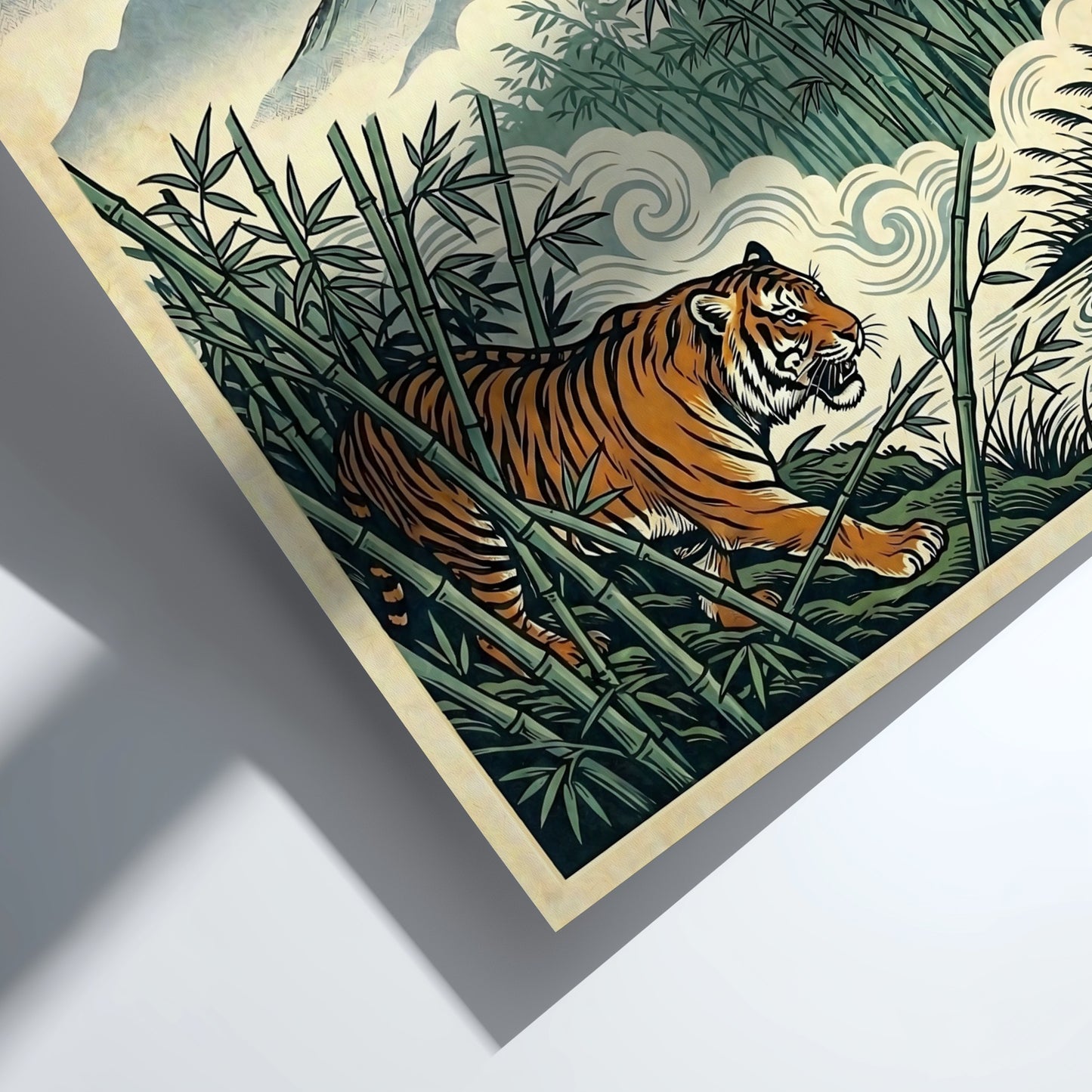 Japanese art style poster featuring a tiger in a bamboo forest with soft colors and intricate details