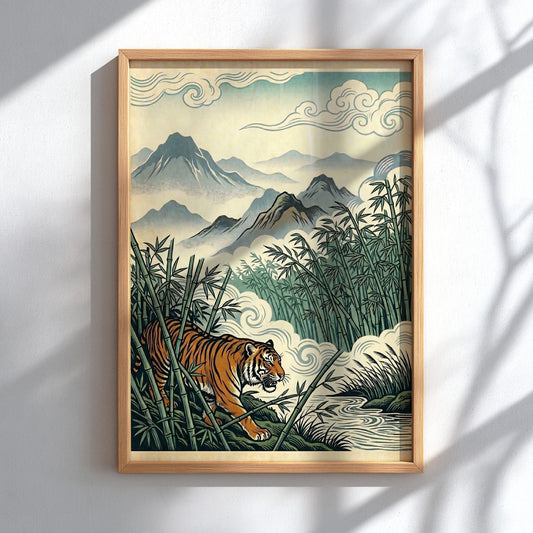 Japanese art style poster featuring a tiger in a bamboo forest with soft colors and intricate details