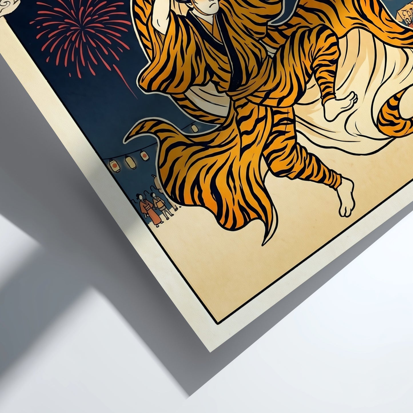 Tiger Dancer poster featuring vibrant colors and fireworks in Japanese art style