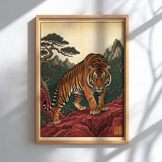 Japanese art style poster featuring a tiger on red rocks