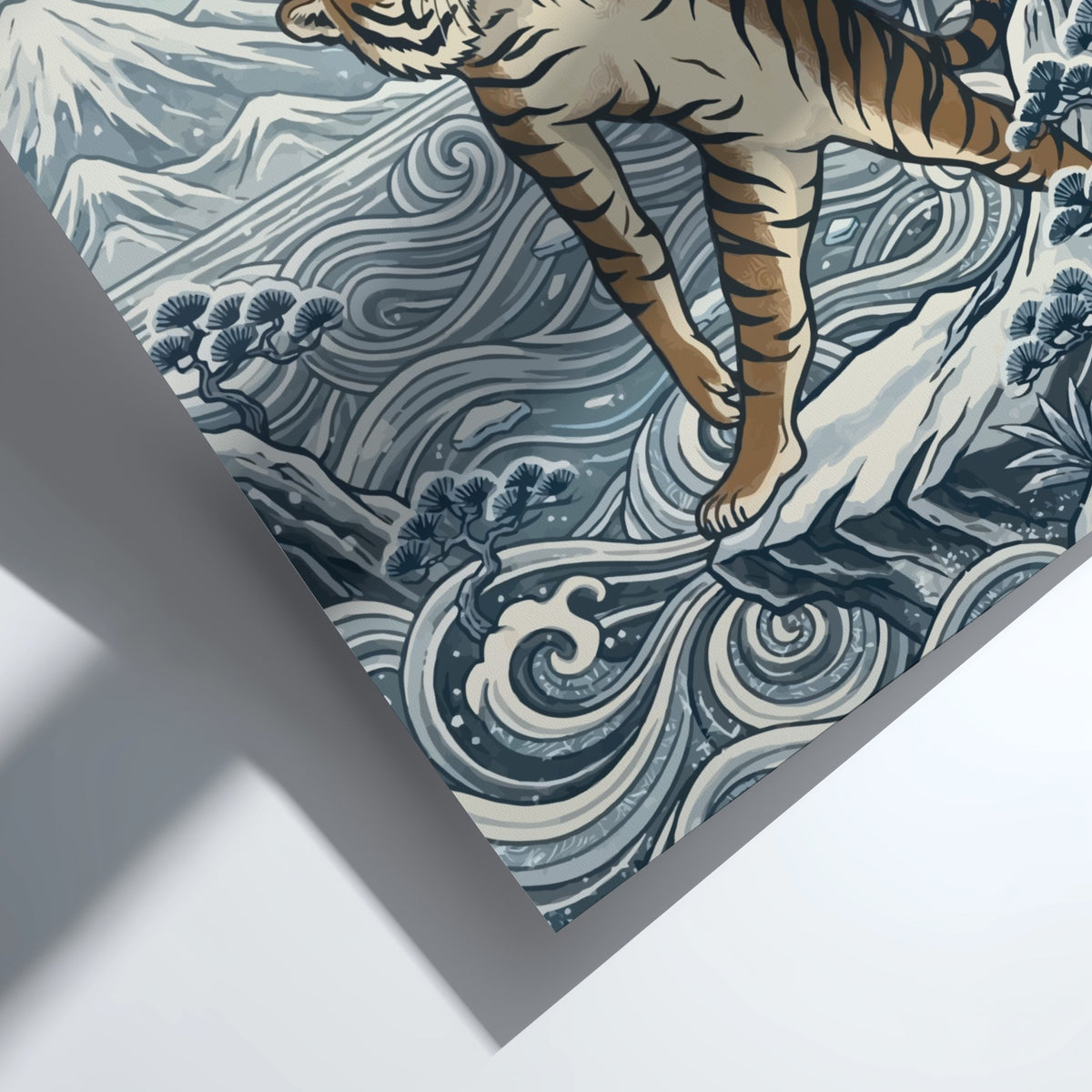 Poster featuring a tiger in a yoga pose against Japanese mountain and ocean