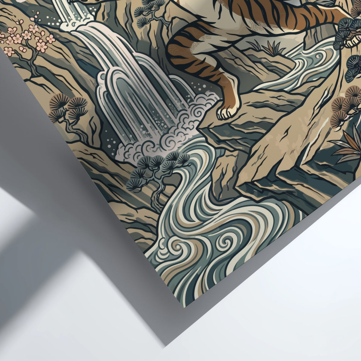 Poster featuring a tiger in a yoga warrior pose within a Japanese mountain landscape.
