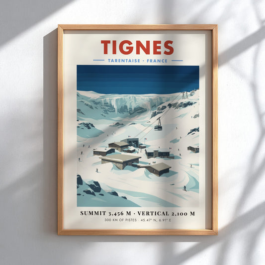 Tignes ski resort poster featuring snowy mountains and chalets in vintage style