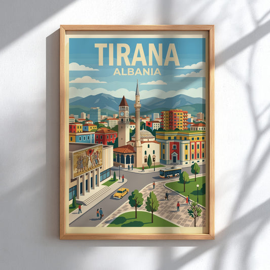 Poster of Tirana Albania featuring a clock tower and bustling city square illustration.
