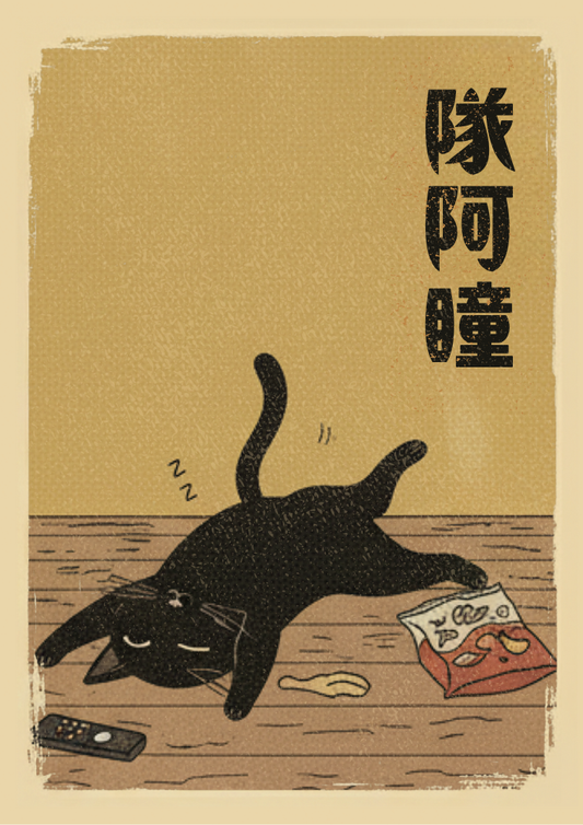 Illustration of a black cat with a remote control on a beige background
