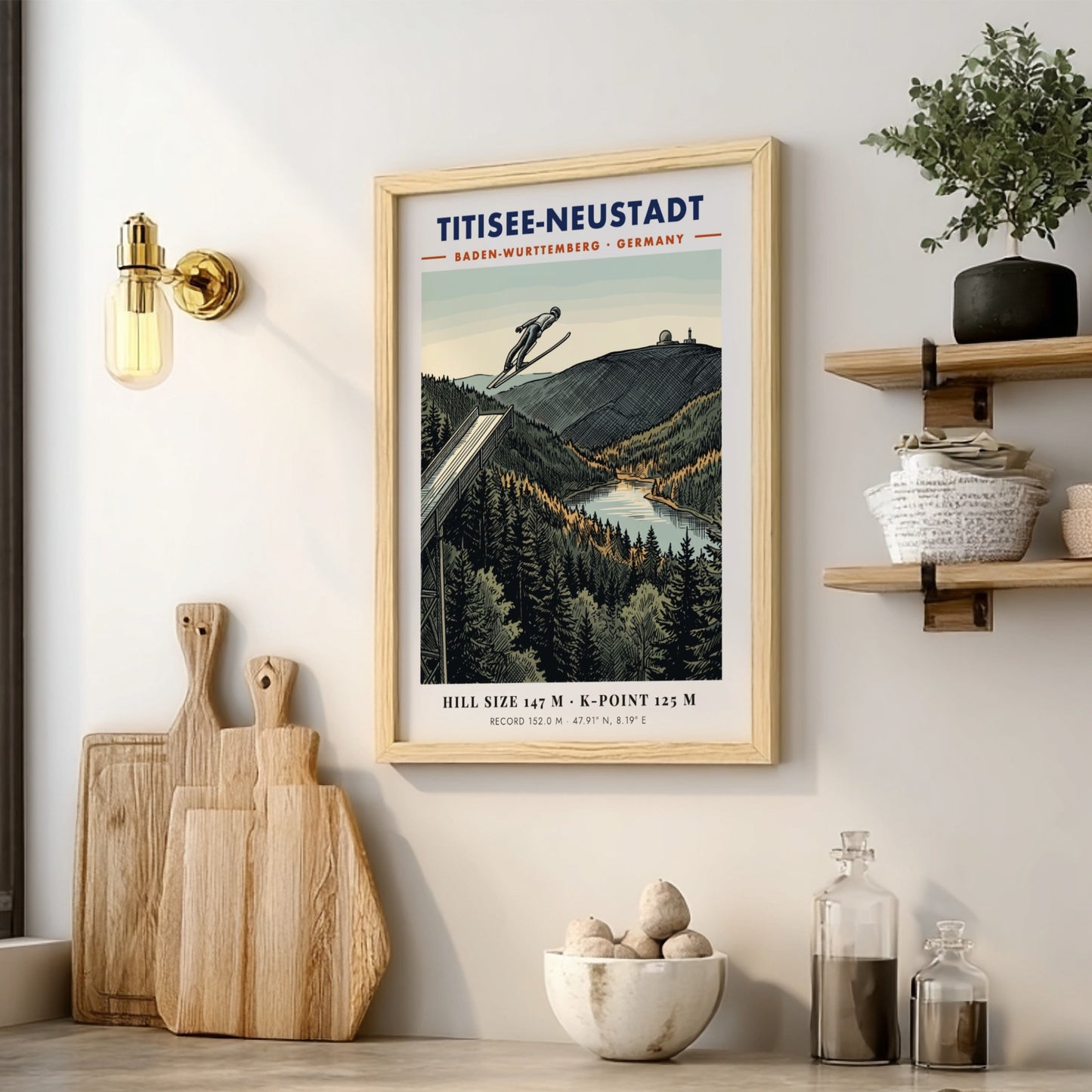 Poster of a ski jumper in flight over the Titisee-Neustadt landscape in Germany.