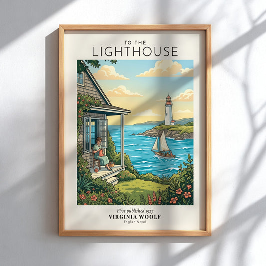 Poster featuring a woman knitting on a porch overlooking a lighthouse and sailboat scene.