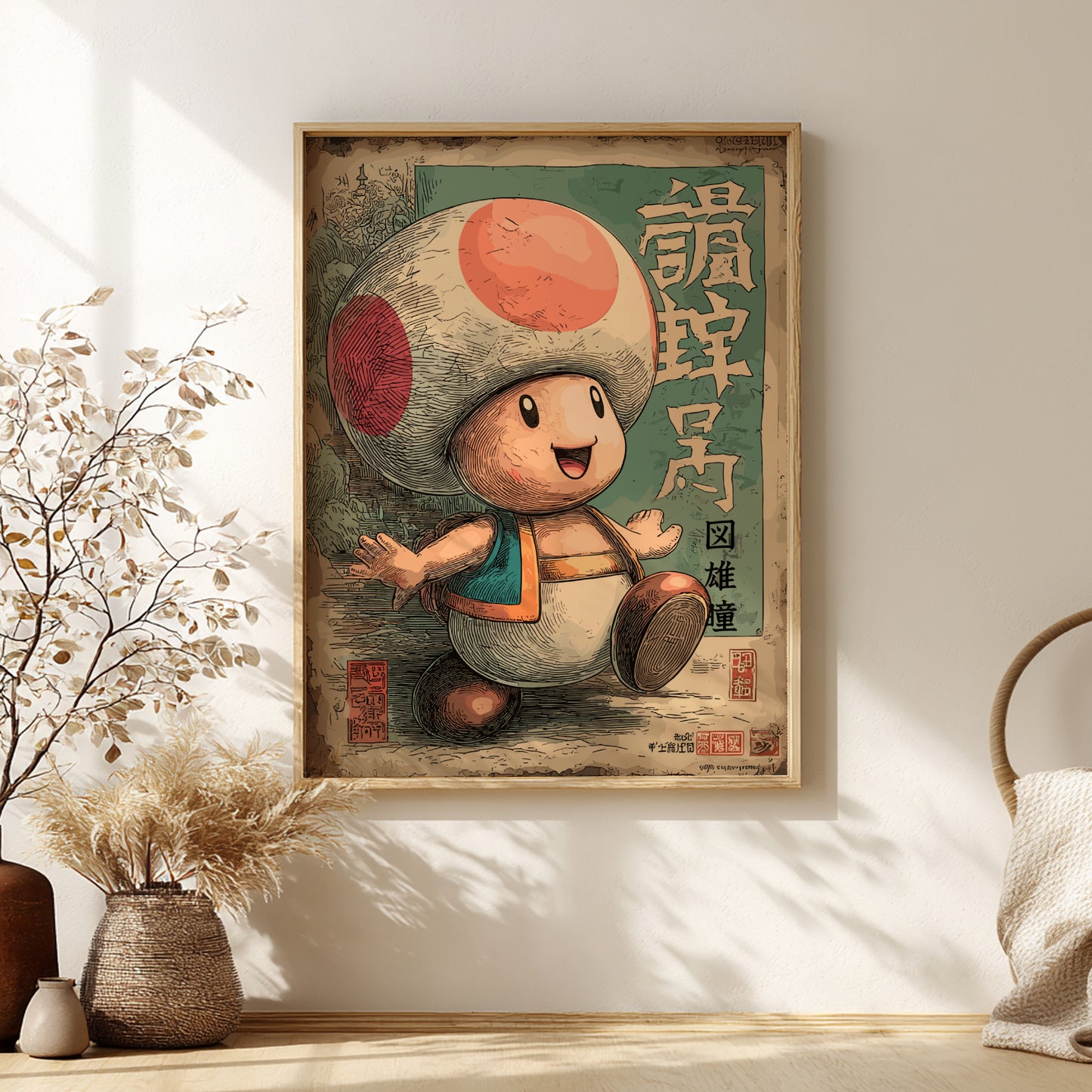 Framed artwork of Toad character on a wall with decorative plants and a basket.