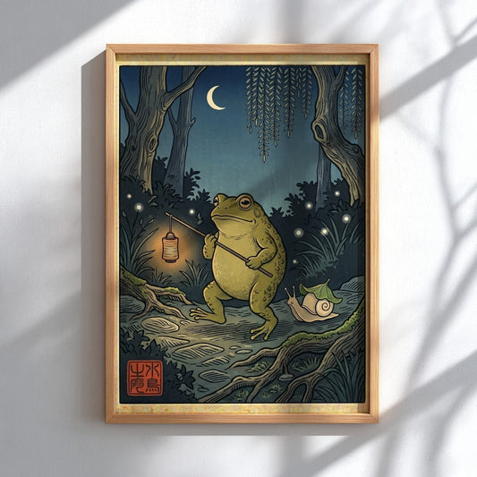 Toad lantern poster featuring a green toad in a Japanese art style with night scenery and warm colors