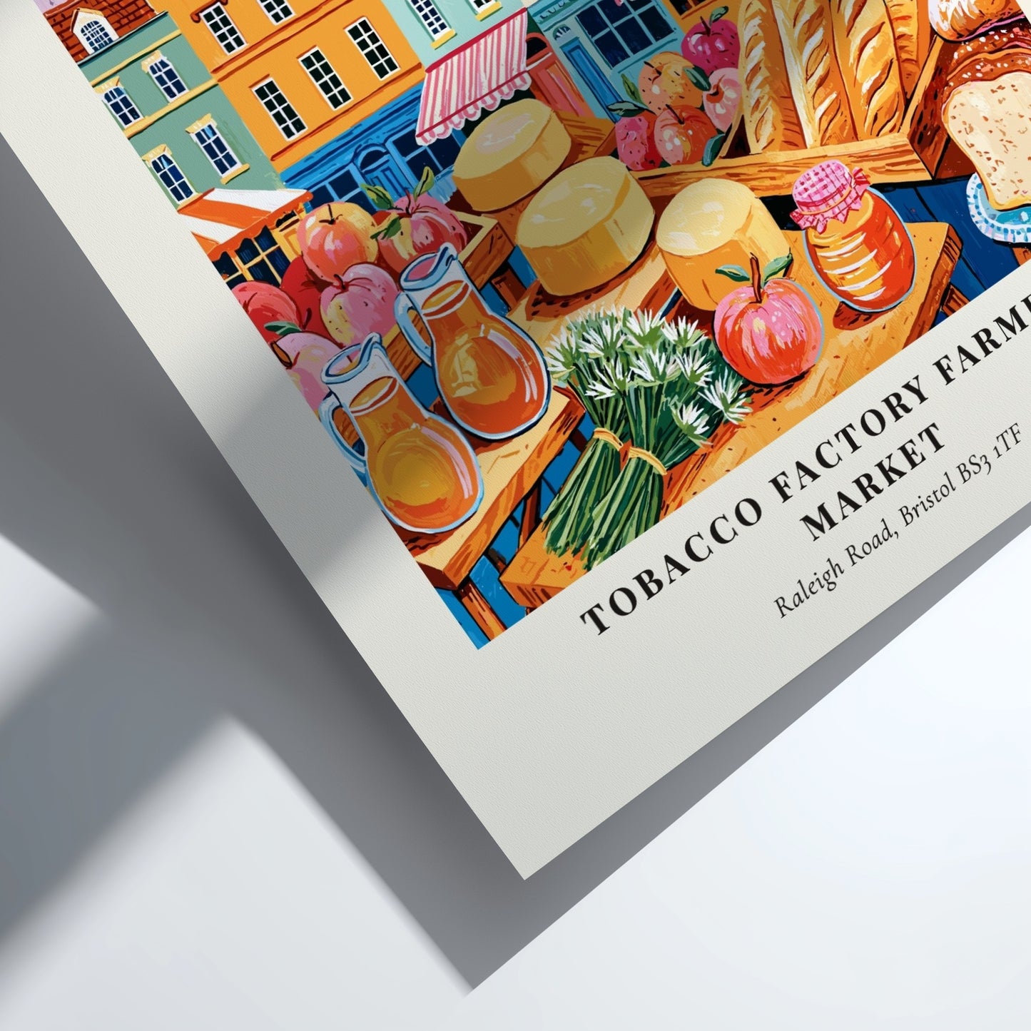 Tobacco Factory Farmers Market poster featuring colorful stalls and buildings in Bristol