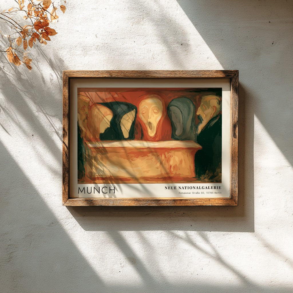 Exhibition poster featuring Munch, Neue Nationalgalerie text, with somber figures in orange and black.