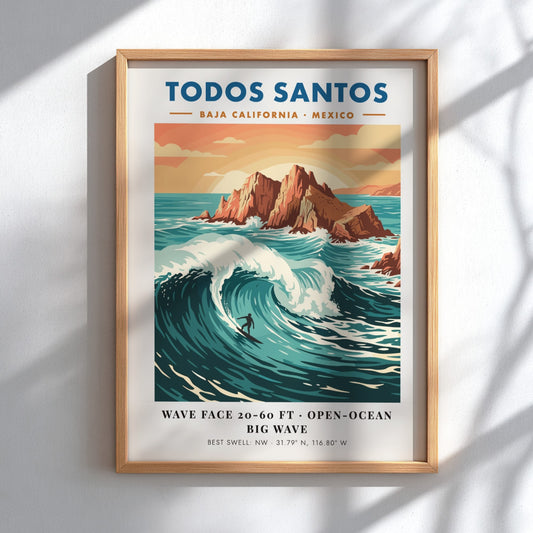 Todos Santos surf poster featuring a lone surfer on a massive blue wave