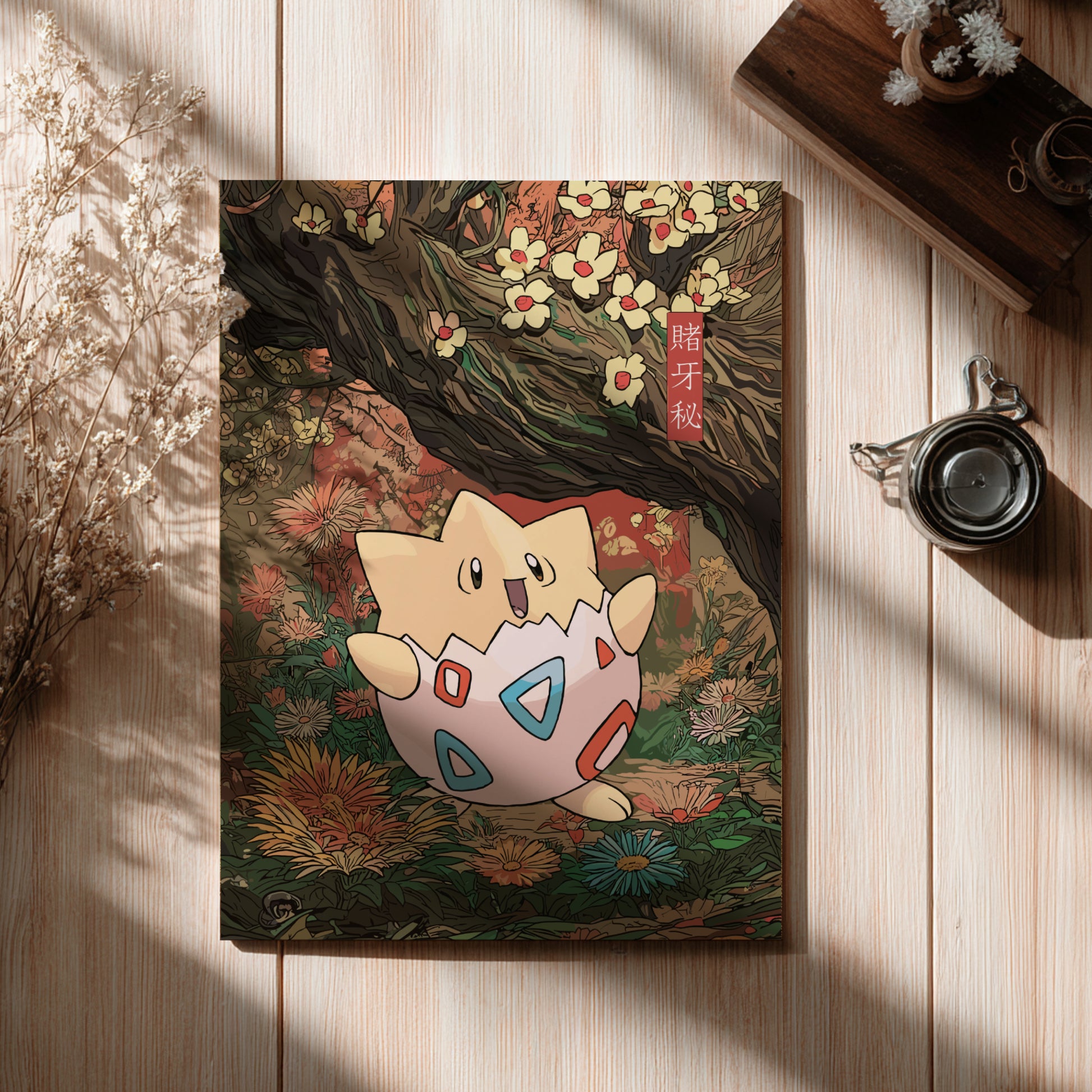 Illustration of Togepi Pokemon in an egg with a floral background on a wooden surface.