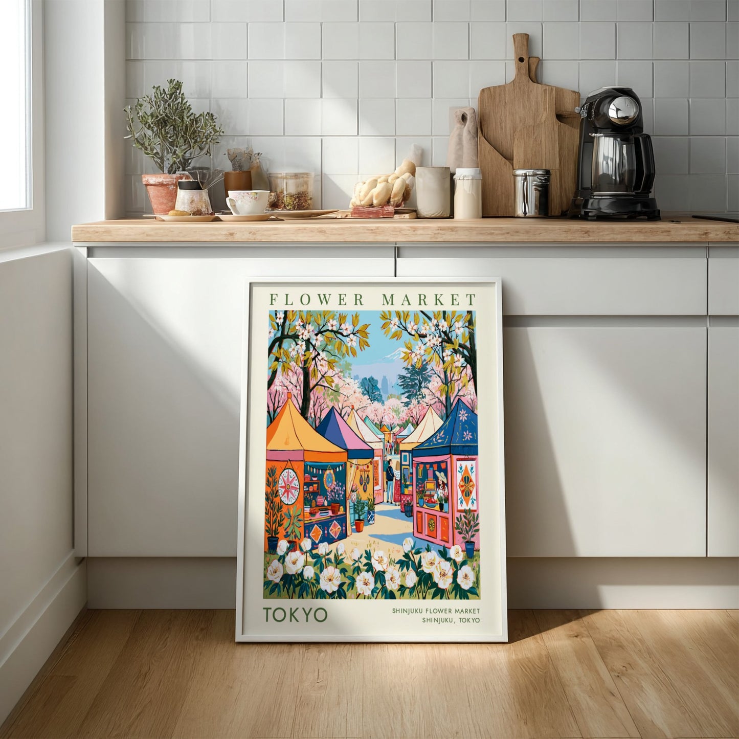 Flower market poster showcasing Tokyo's vibrant cityscape with colorful tents and cherry blossoms
