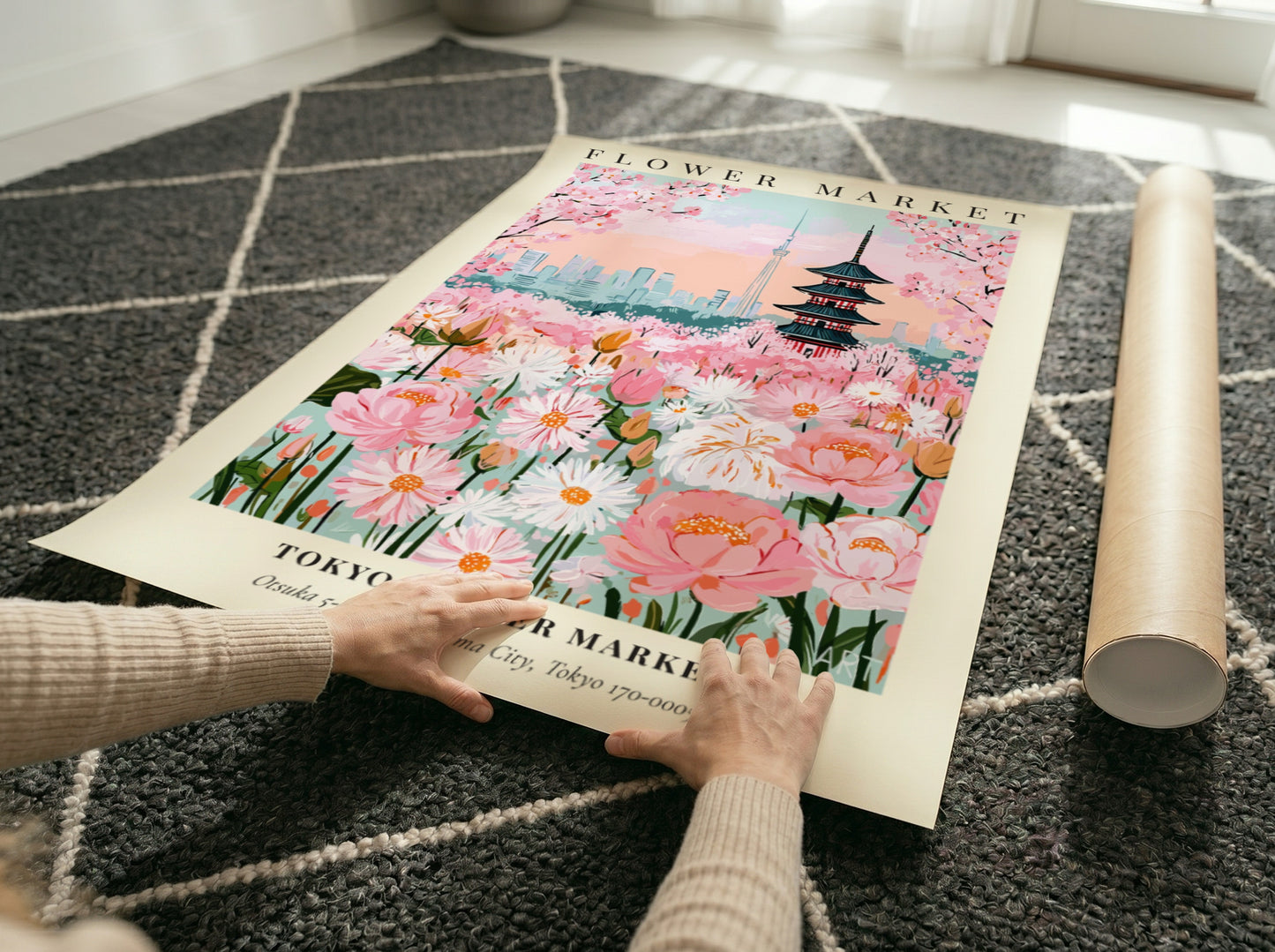 Tokyo Flower Market print featuring pink blossoms and traditional architecture in vibrant colors