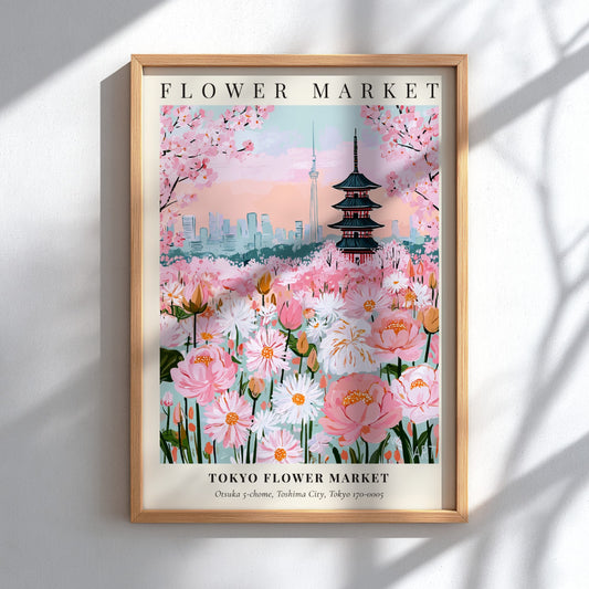 Tokyo Flower Market print featuring pink blossoms and traditional architecture in vibrant colors