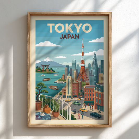 Vintage style Tokyo cityscape travel poster with Mount Fuji, Tokyo Tower, and boats.