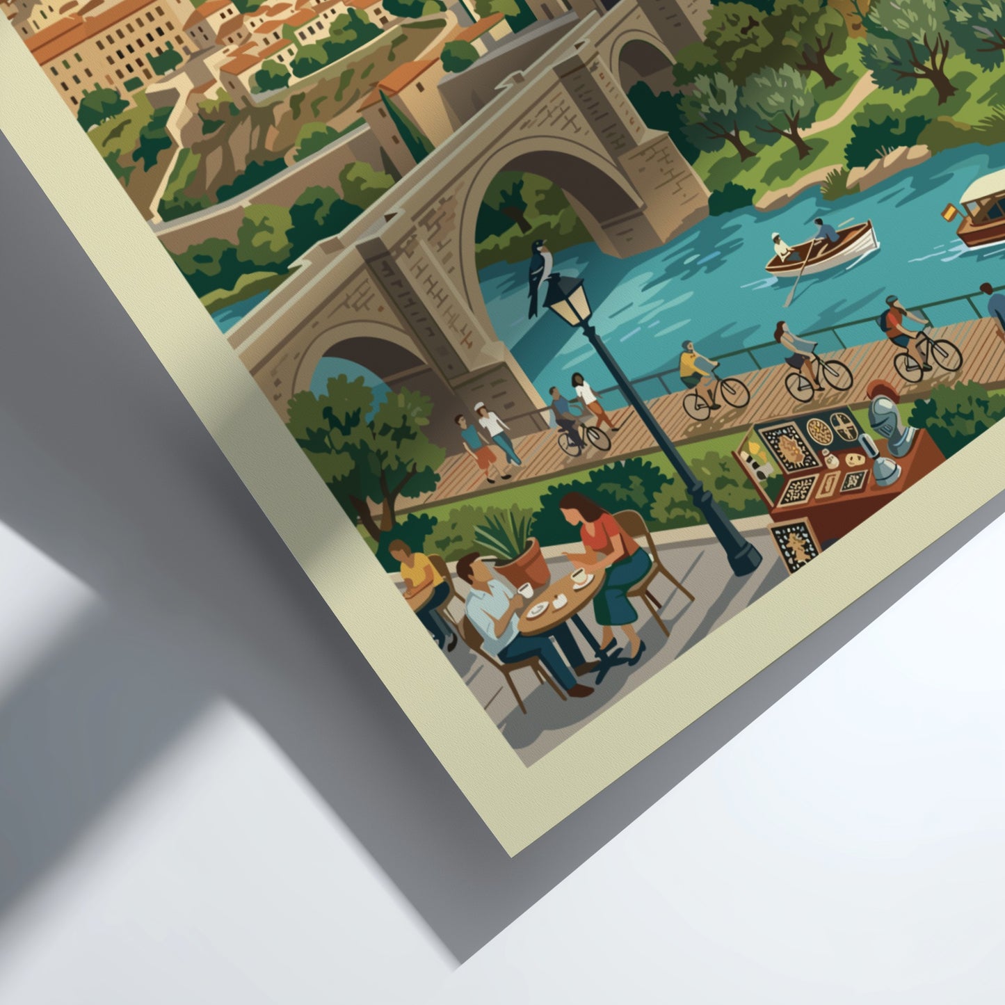Vintage Toledo Spain travel poster with cityscape, river, and bridge in a warm color palette.