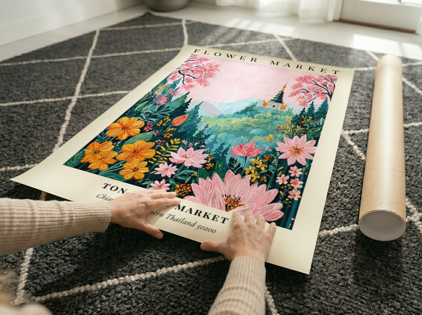 Flower market art print featuring vibrant blossoms and a serene mountain backdrop in soft pinks and yellows.