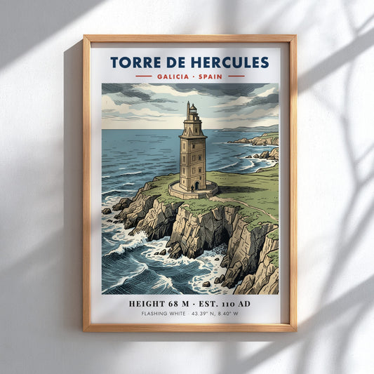 Poster of the historic Torre de Hercules lighthouse on a rocky Galician cliffside.