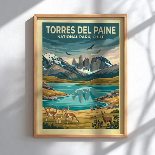 South America travel poster featuring Torres del Paine mountains, guanacos, and condors in Patagonia.