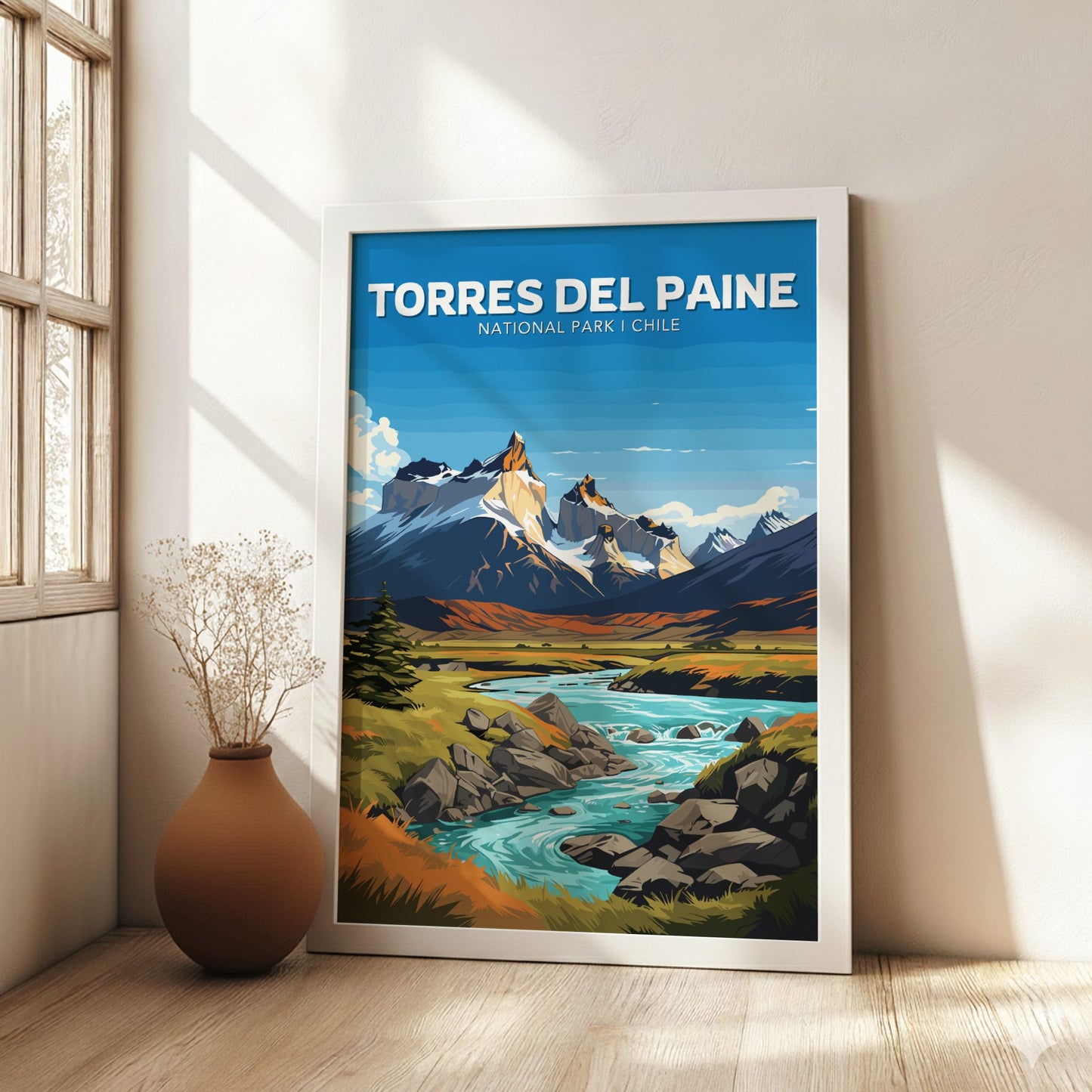 White frame poster of Torres Del Paine