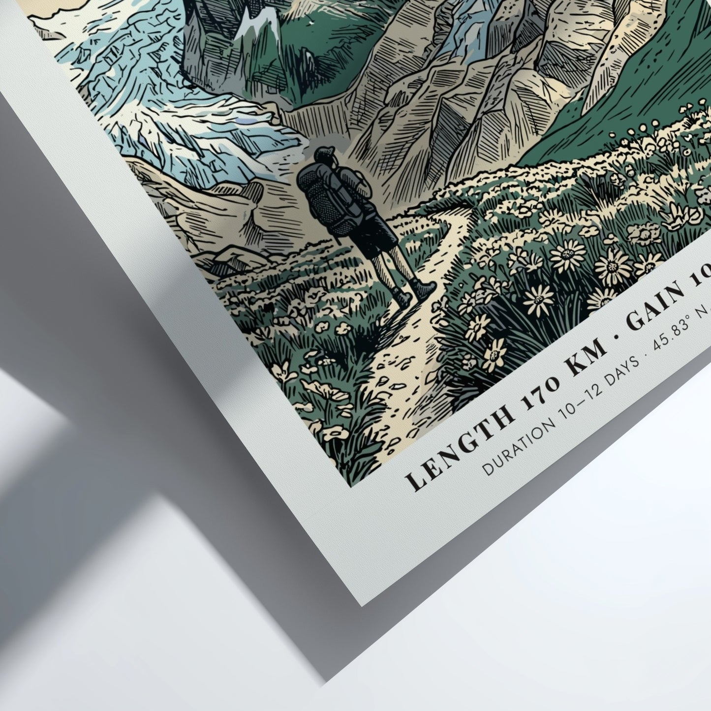 Poster featuring a hiker on a trail with blue mountains and green meadows