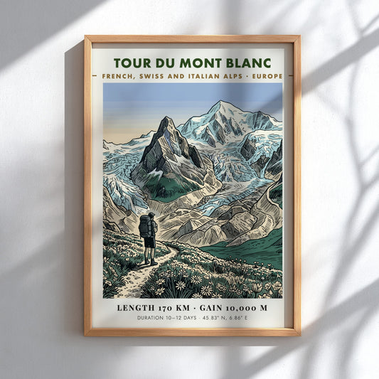 Poster featuring a hiker on a trail with blue mountains and green meadows