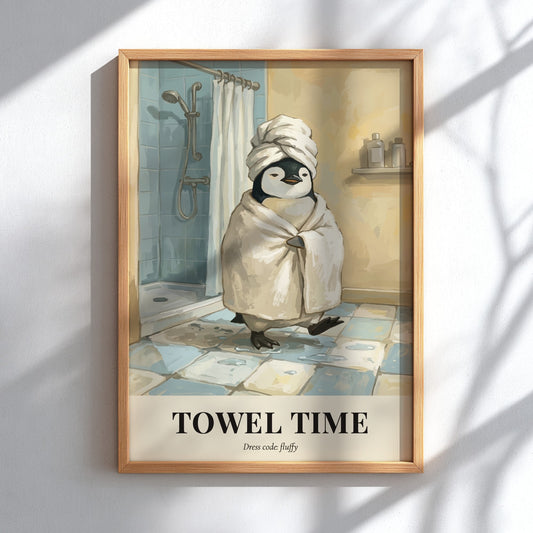 Poster of a cute penguin wearing a towel in a bathroom with tiled floors.