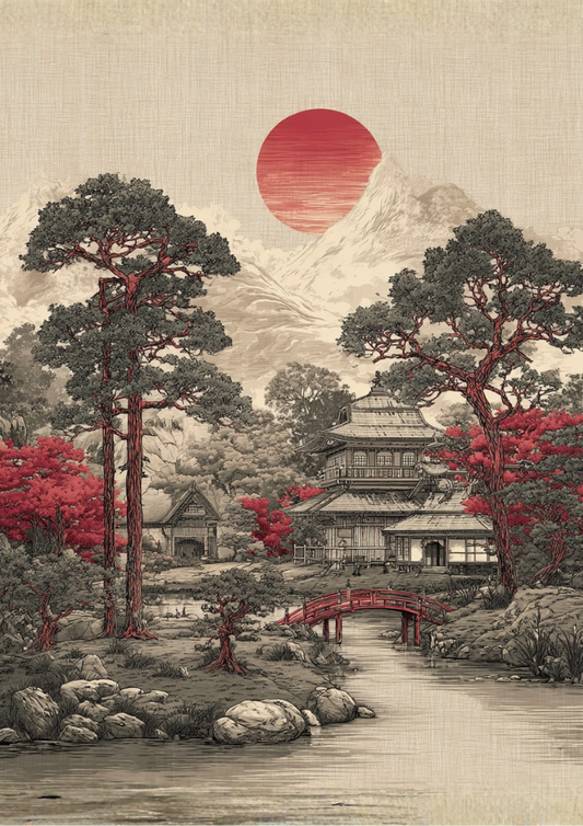 Japanese landscape with traditional building, red bridge, and Mount Fuji under a red sun.