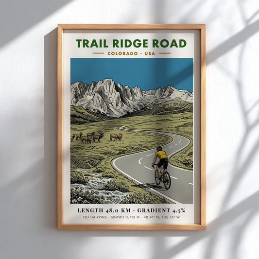Poster of a cyclist on Trail Ridge Road with elk and mountains behind