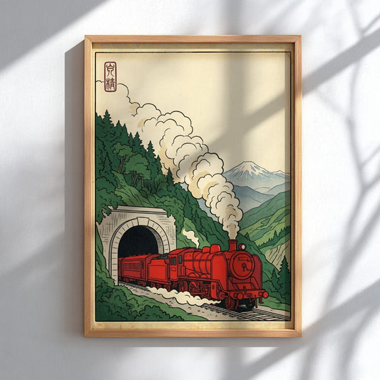 Japanese art style poster featuring a red train in a tunnel with green mountains and Mount Fuji