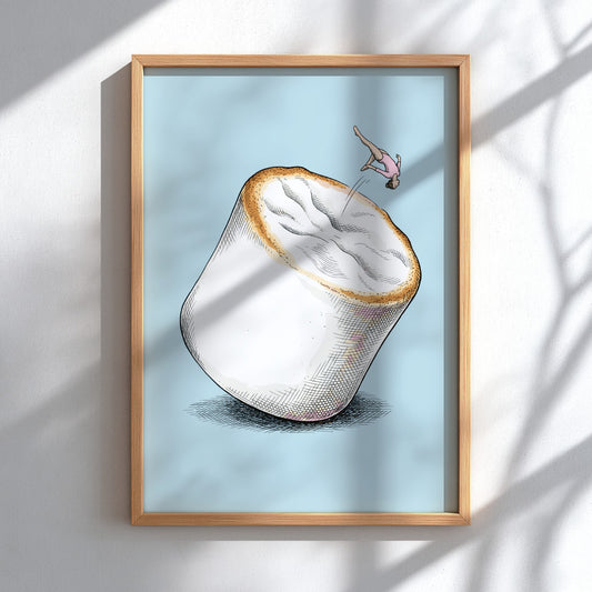 Poster featuring a gymnast performing a flip off a giant white fluffy marshmallow