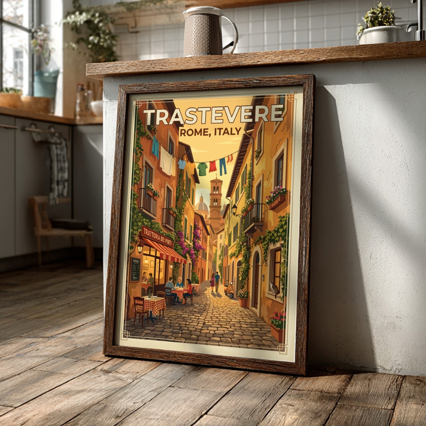 Travel poster of Trastevere, Rome featuring vintage style and warm colors