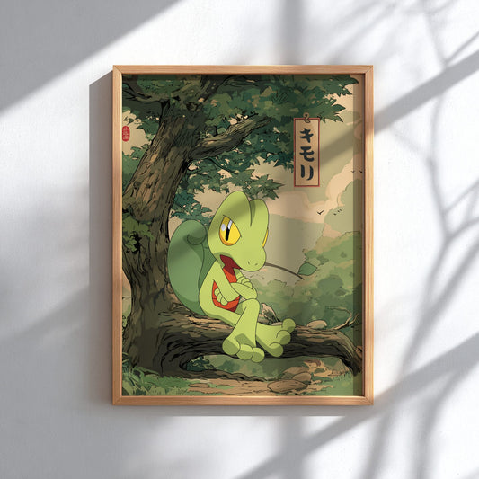 Framed illustration of Treecko Pokemon under a tree on a white wall.
