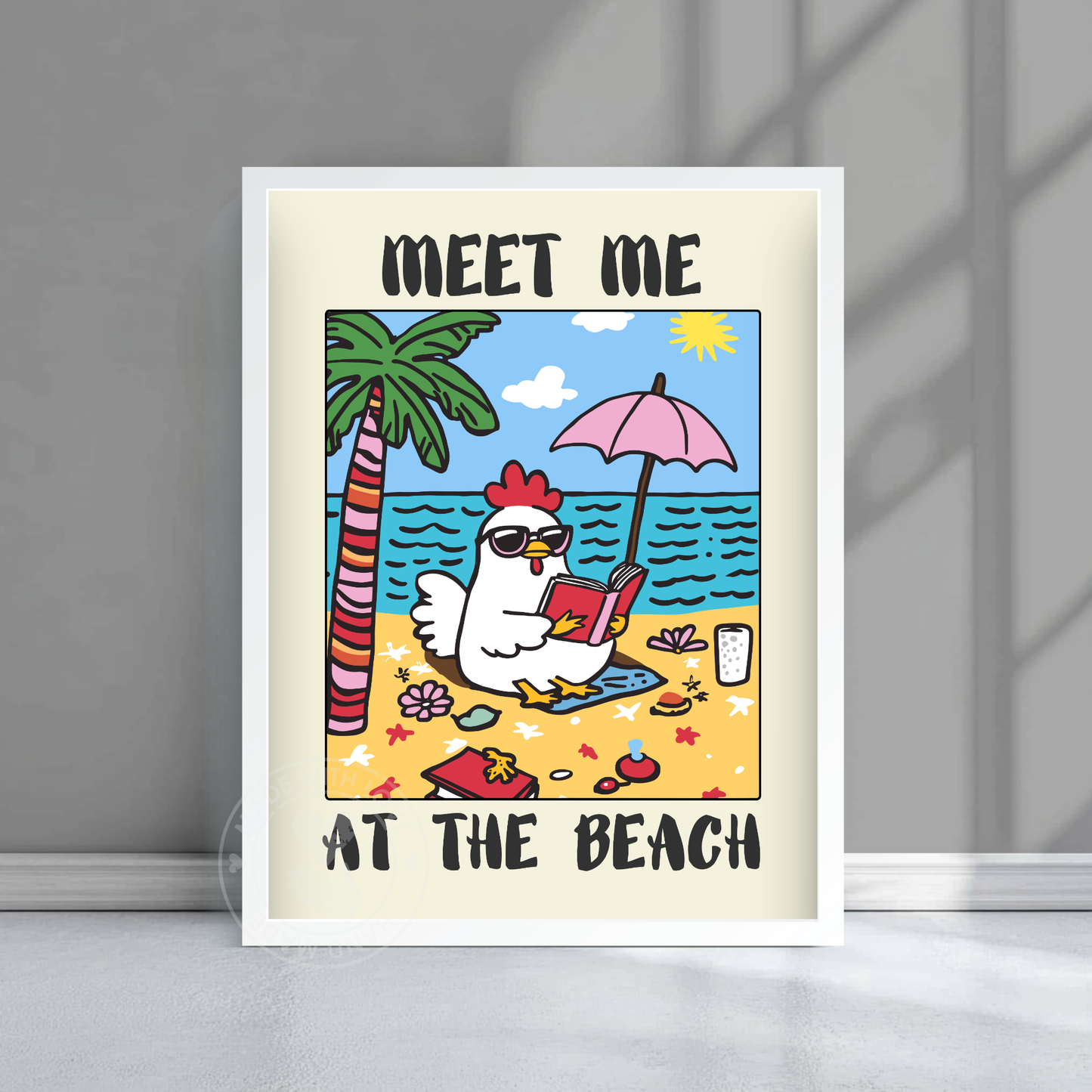 Meet Me at the Beach Funny Chicken Poster – Neutral Typography Print, Beach House Vintage Art