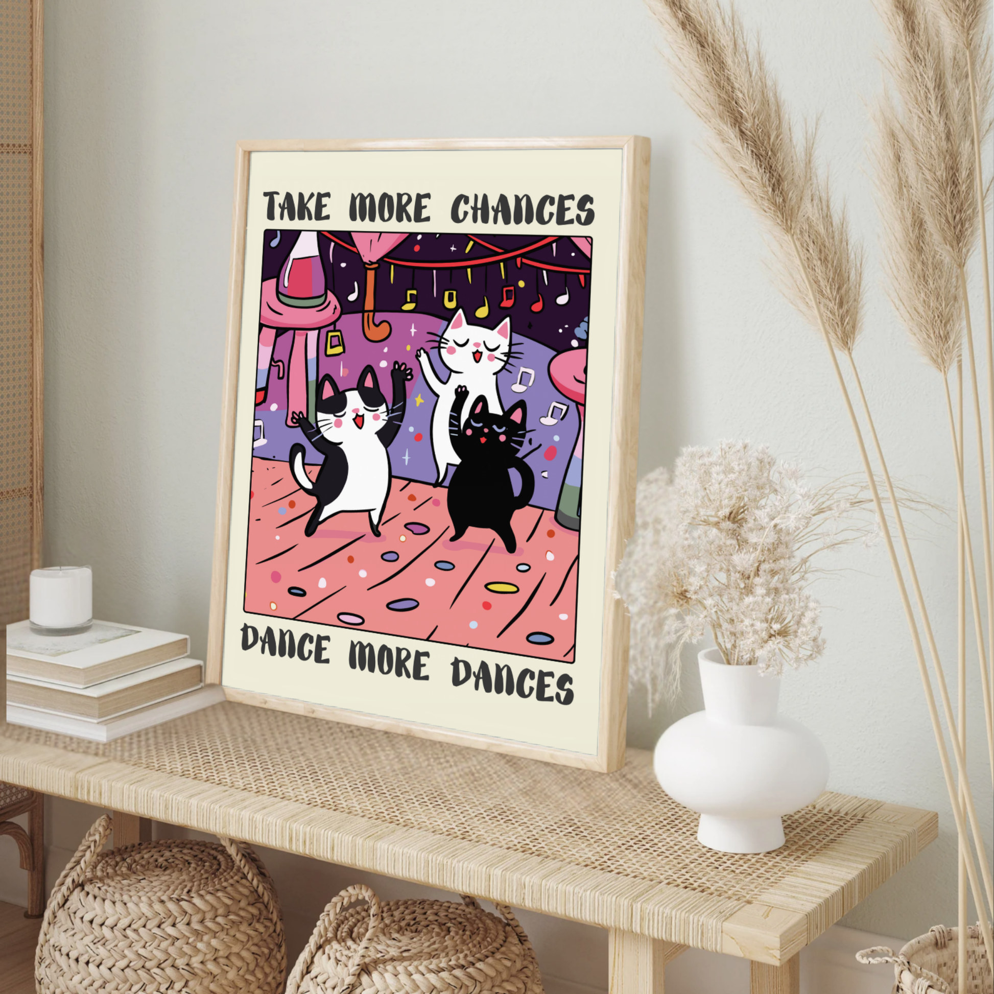 Retro Dancing Cats Wall Print, Vintage Cat Illustration, Positive Poster, Motivational wall art