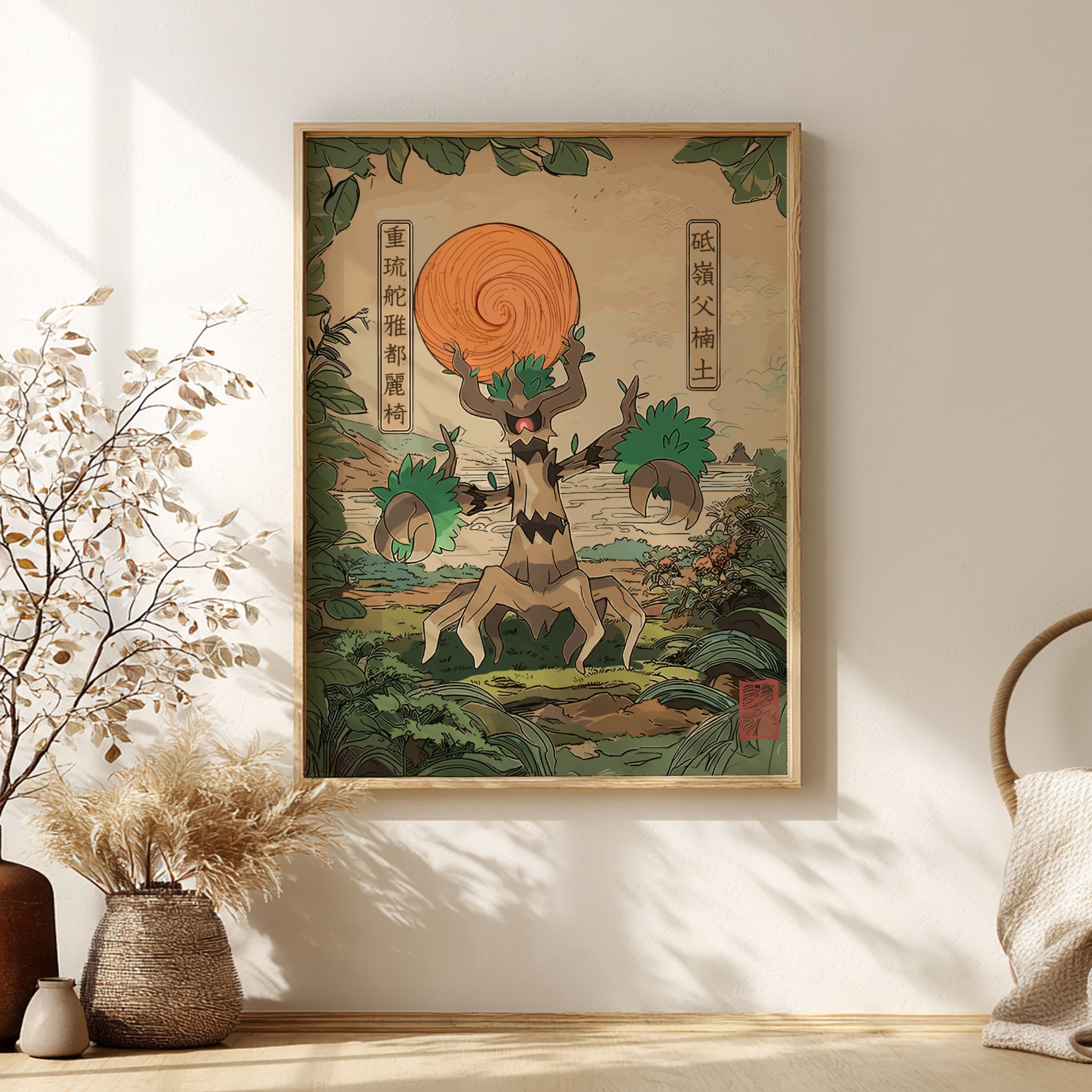 Framed artwork of Trevenant Pokemon, placed on a wall with decorative elements.
