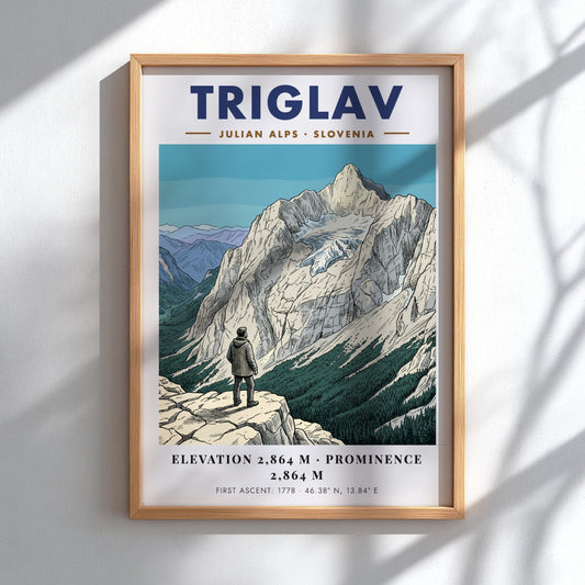 Poster featuring a hiker looking at the snow-capped Triglav mountain in the Julian Alps.