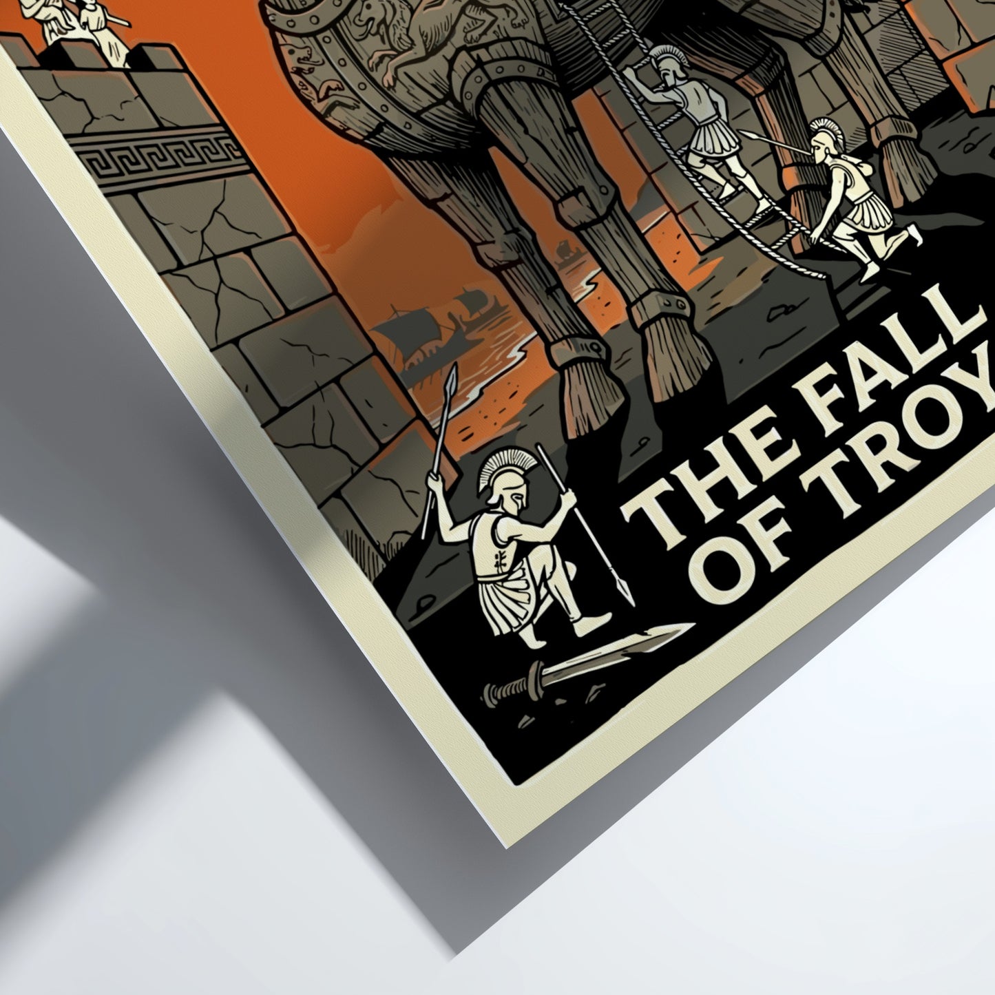 The Fall of Troy poster featuring the Trojan Horse, a burning city, and mythological figures in a dramatic,