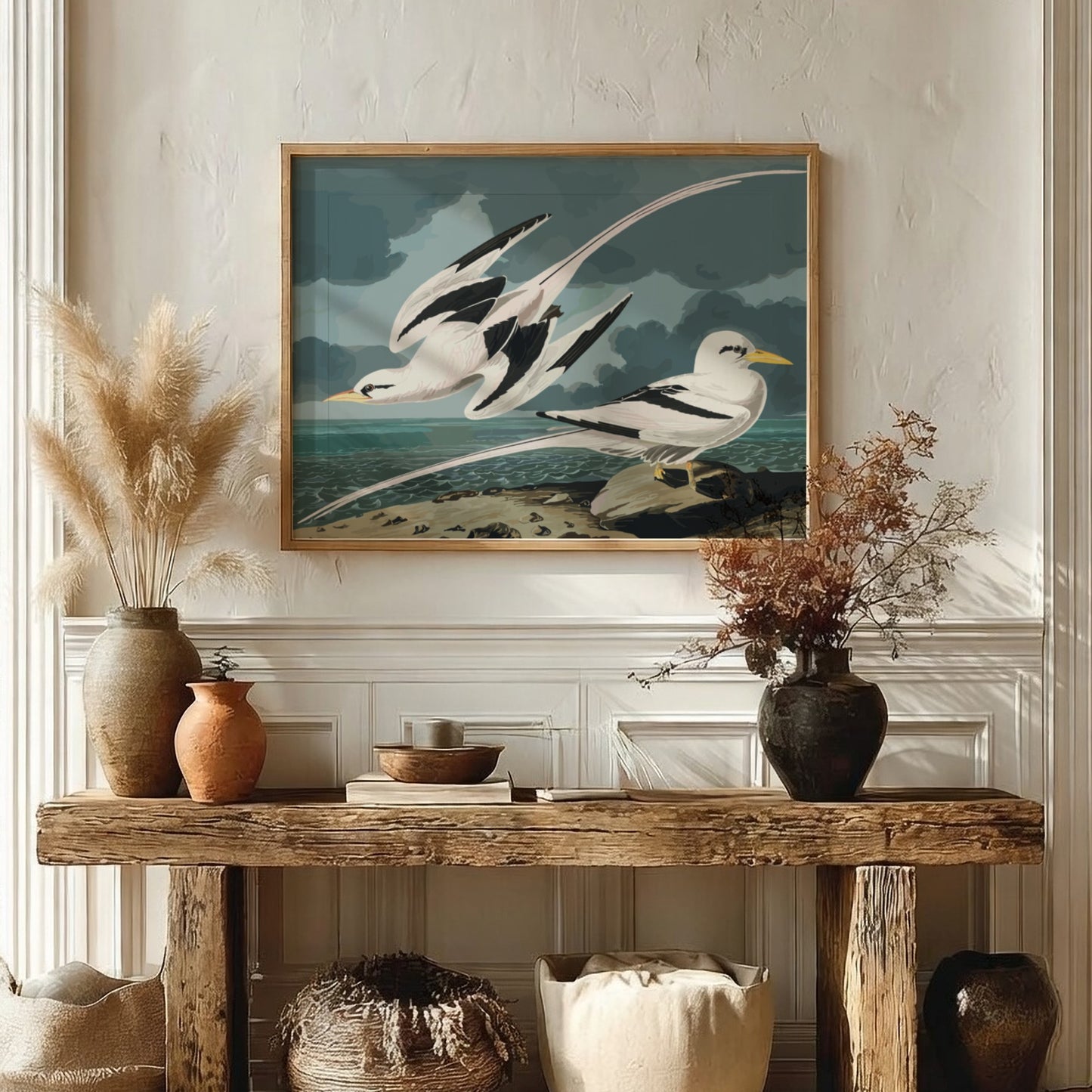 Tropic Bird poster featuring elegant birds in flight, vintage style, soft pastels and rich blues, perfect for