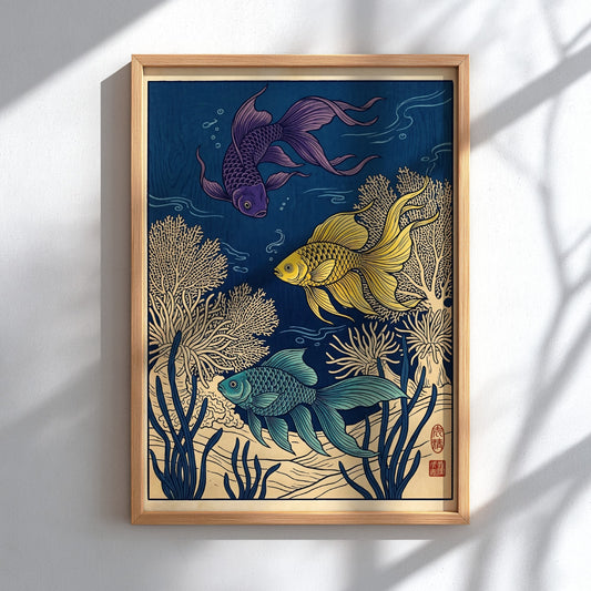 Japanese art style poster featuring tropical fish in vibrant colors and coral designs