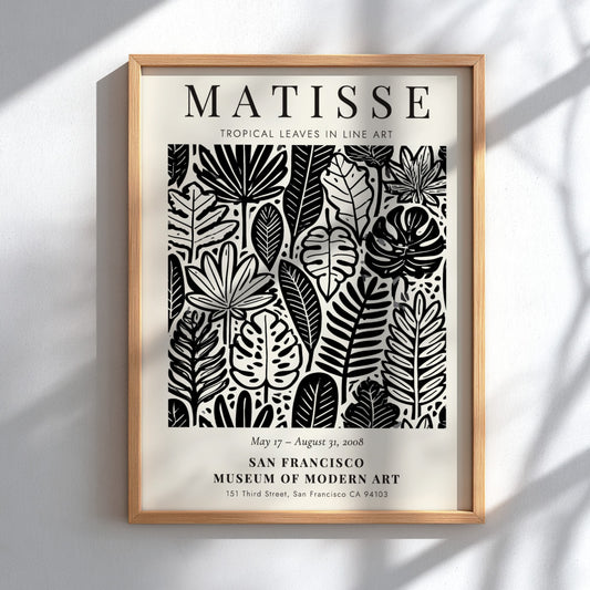 Tropical leaves poster featuring Henri Matisse's line art style in black and white, perfect for modern decor.