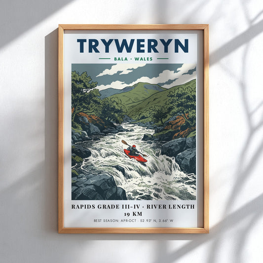 Poster of a red kayak navigating the turbulent Tryweryn River in Bala Wales