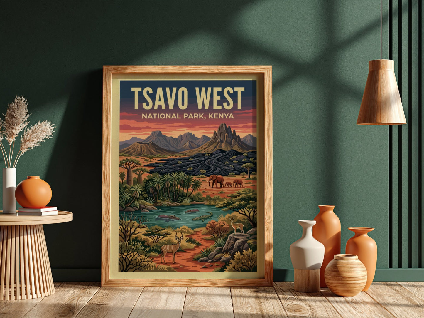 Tsavo West National Park poster featuring wildlife, mountains, and a vibrant landscape in earthy tones.