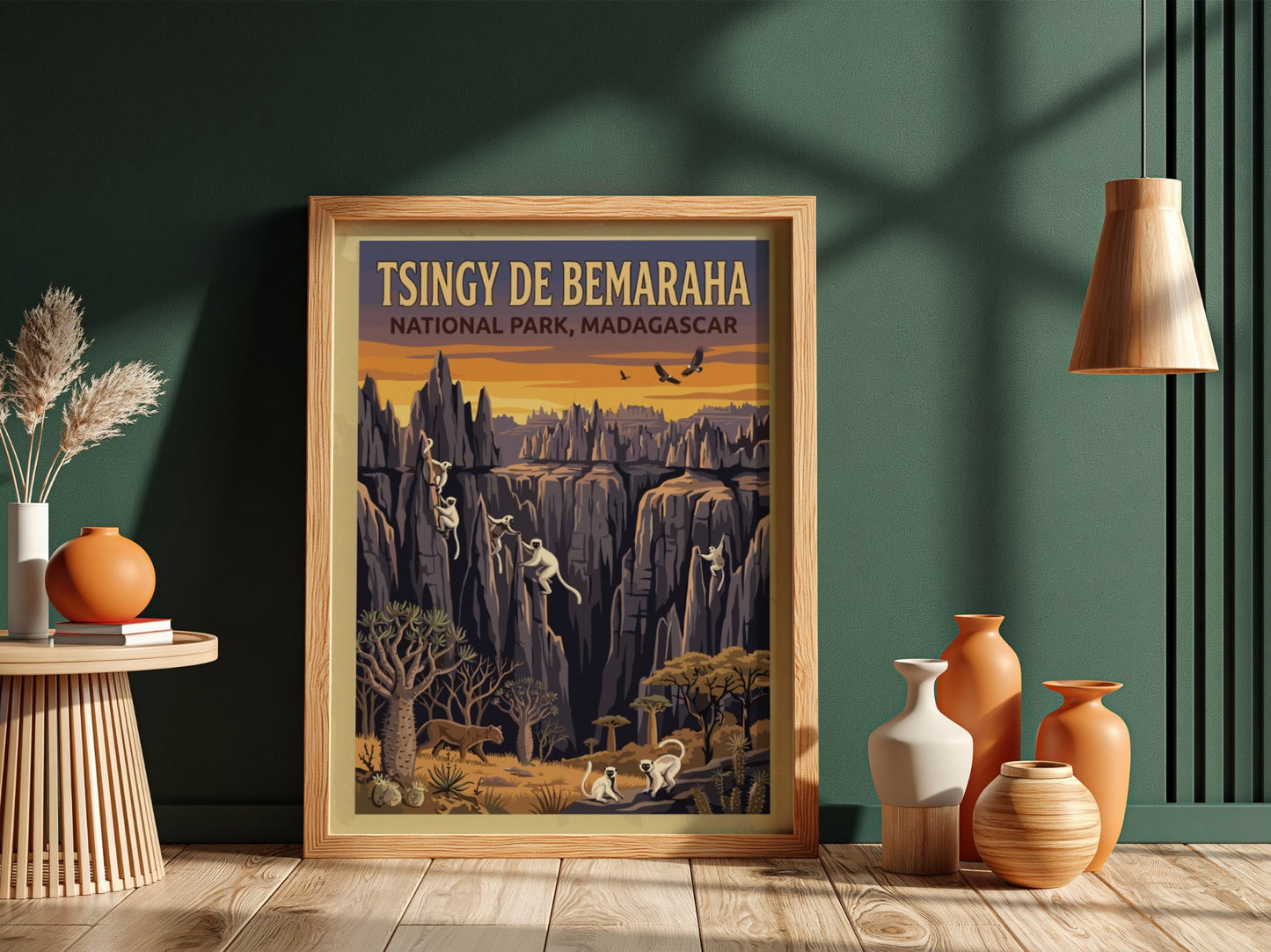 Tsingy de Bemaraha poster featuring rock formations and wildlife in warm colors, ideal for nature lovers and