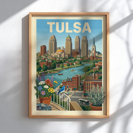 Illustrative poster of the Tulsa skyline with the Arkansas River, featuring a bluebird and flowers.
