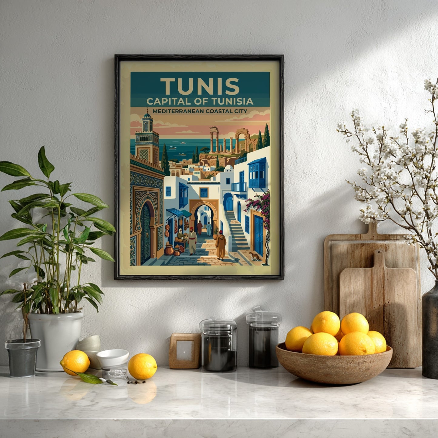 Travel poster of Tunis showing a minaret, blue shutters, and ancient coastal ruins.