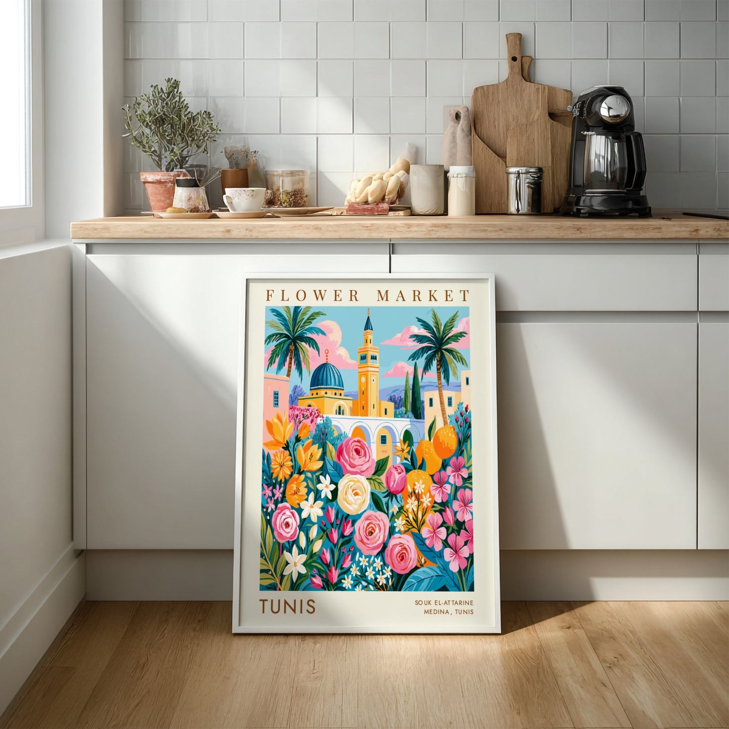 Flower market poster featuring vibrant roses and Tunisian architecture in bright colors