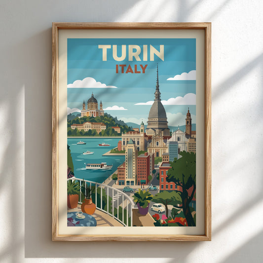 Turin Italy travel poster featuring a retro cityscape with prominent landmarks and a blue sky.